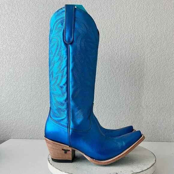 NEW Lane SMOKESHOW Womens Cowboy Boots 10 Blue Metallic Western Cowgirl Mid Calf